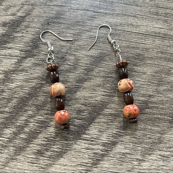 New Handmade Sterling Silver Petrified Wood Orange Brown Wooden Dangle Earrings - Picture 7 of 10